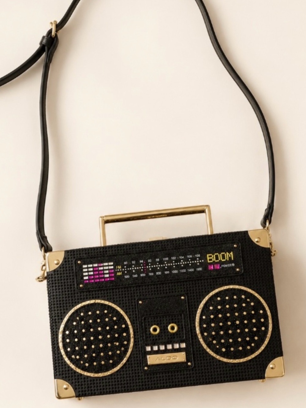 ALDO Kuzitrin BoomBox Radio Black w gold Glitter and pink rhinestone Crossbody
